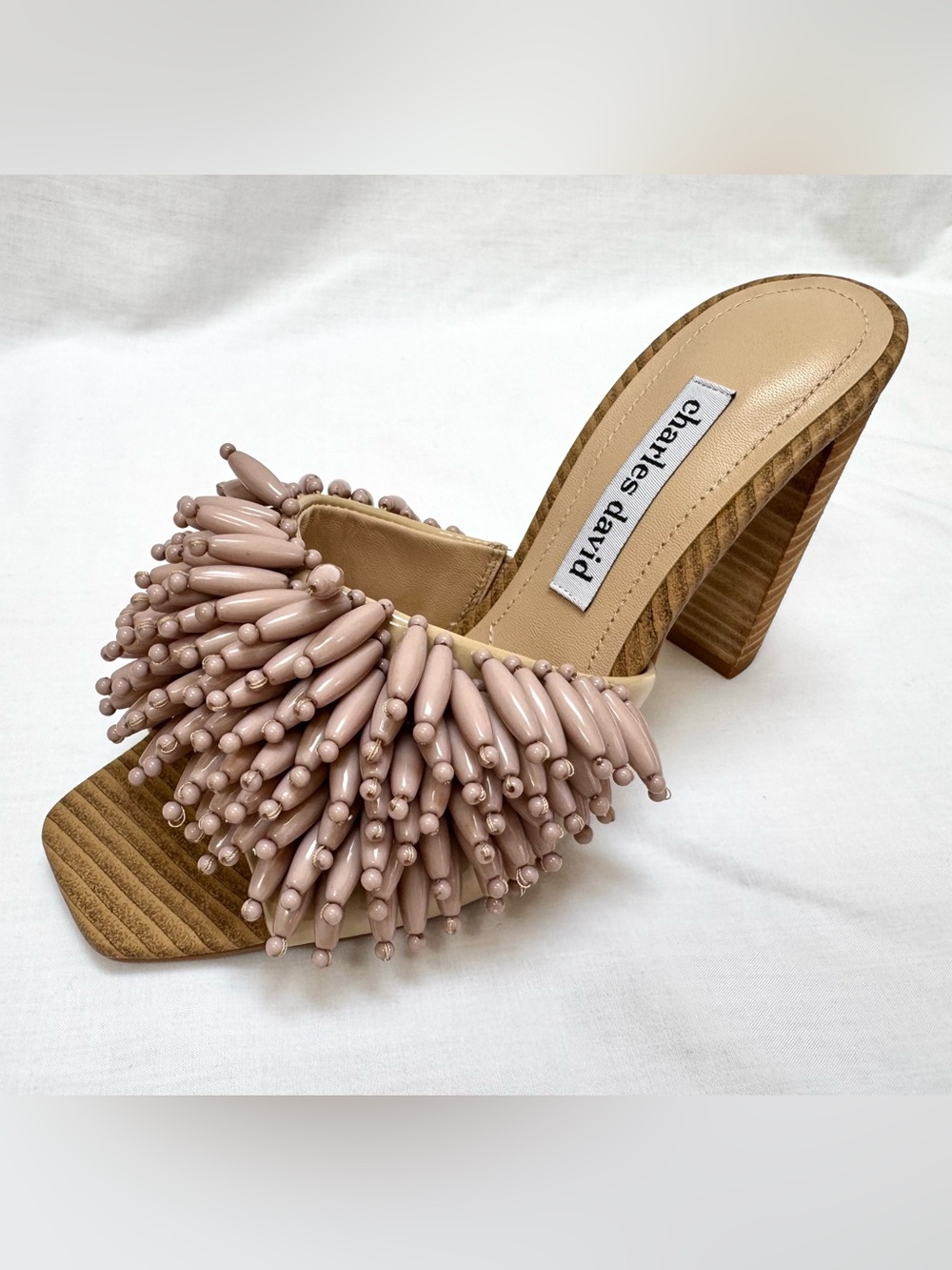 New Charles David Hottie Dress Sandal Nude Beaded Fringe 7.5